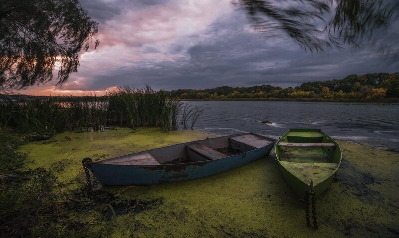 Two Boats on Shore — Green, Dramatic, Sunset