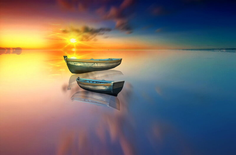 Two Boats on Water — Blue, Serene, Sunset, Digital Art