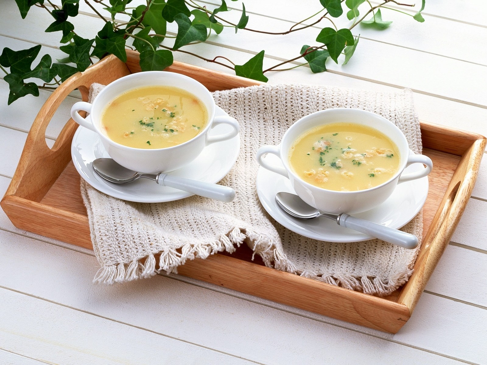 Two bowls of soup on a tray