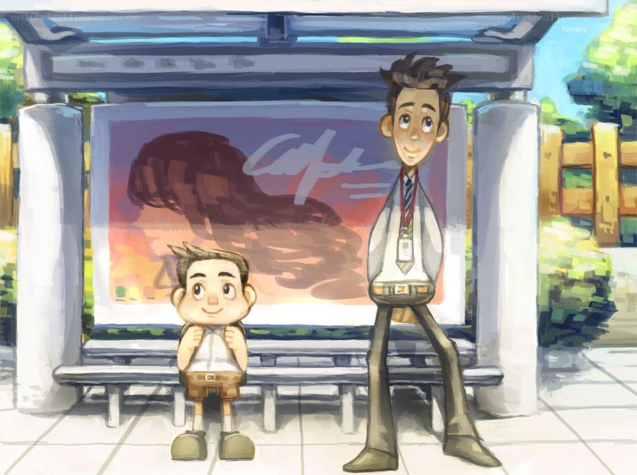 Two boys at a bus stop