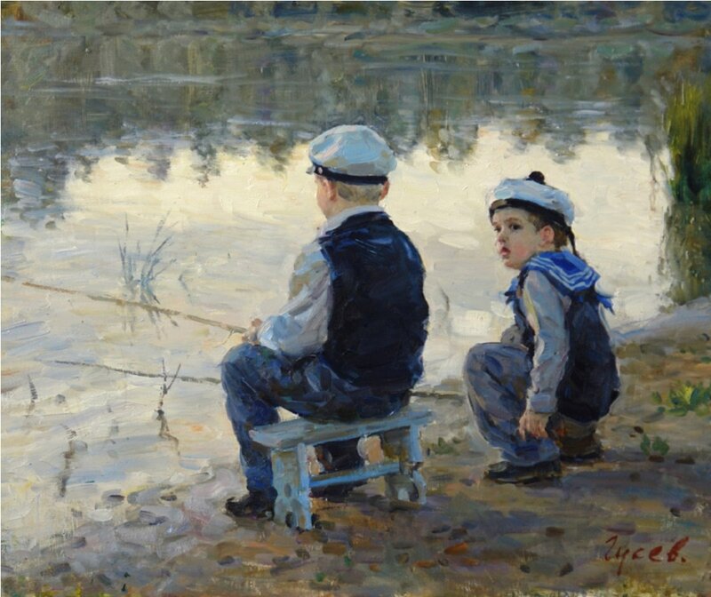 Two Boys Fishing — Blue, Calm