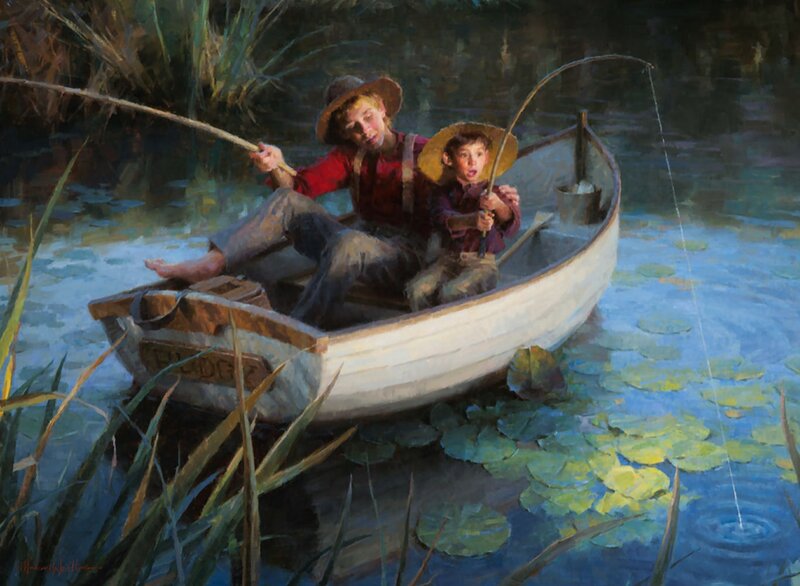 Two Boys Fishing — Blue, Serene, Afternoon