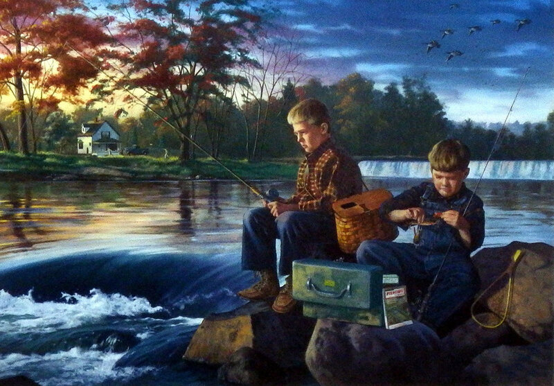 Two Boys Fishing — Blue, Serene, Sunset