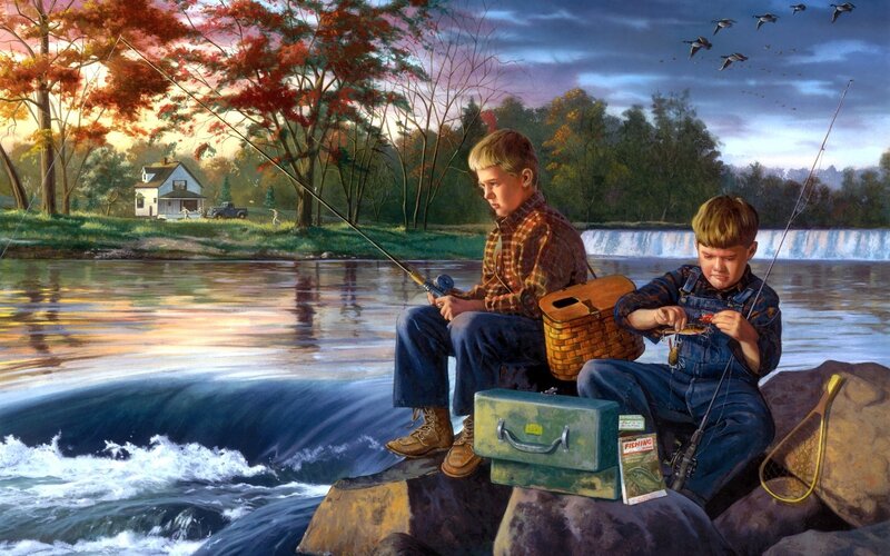 Two Boys Fishing — Blue, Serene