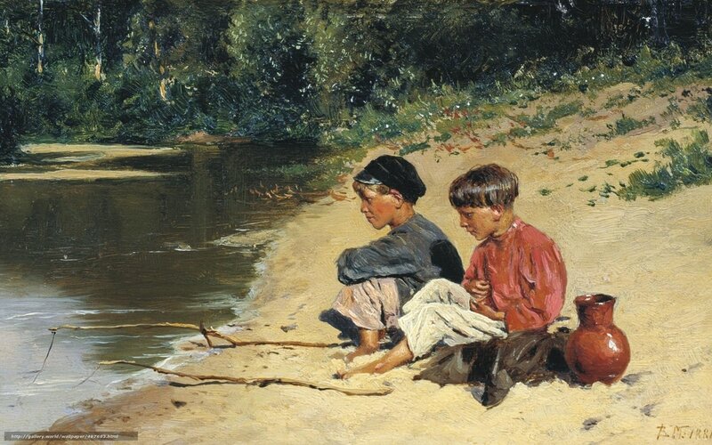 Two boys fishing by a river