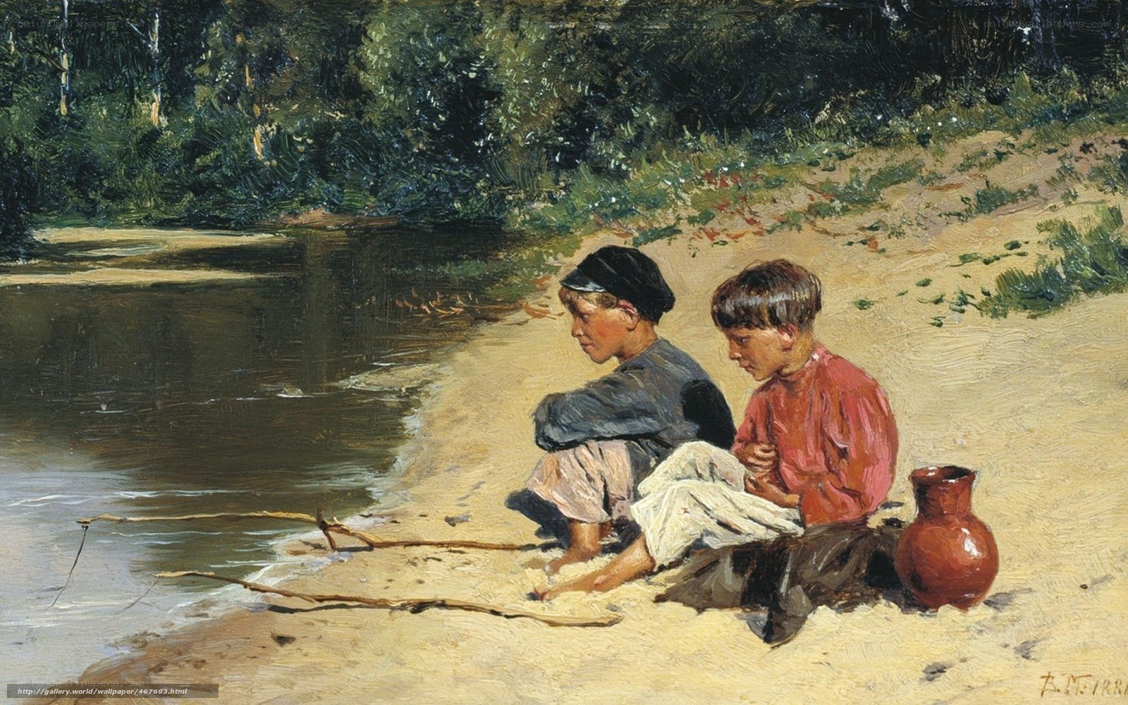 Two boys fishing by a river