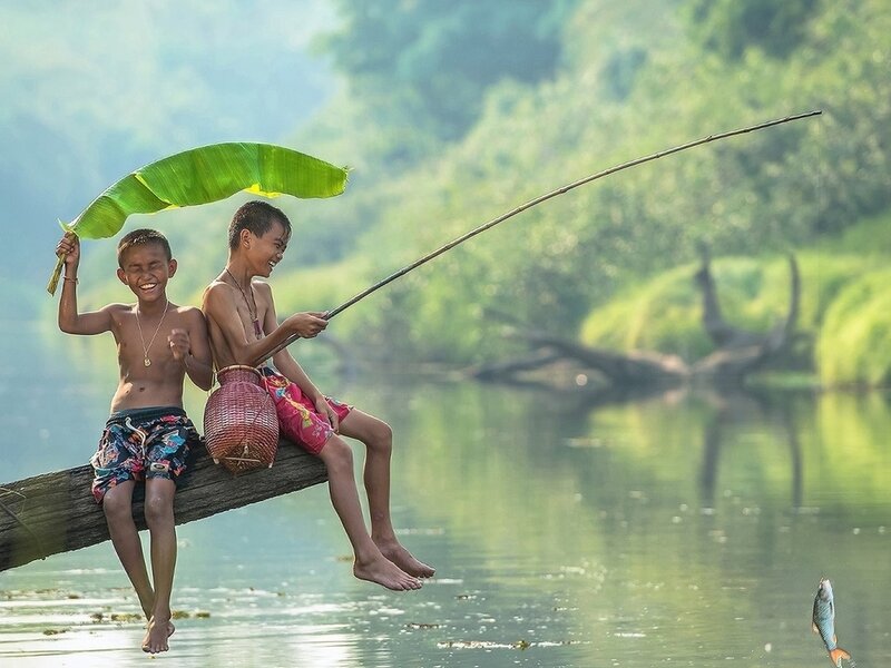 Two Boys Fishing — Green, Playful