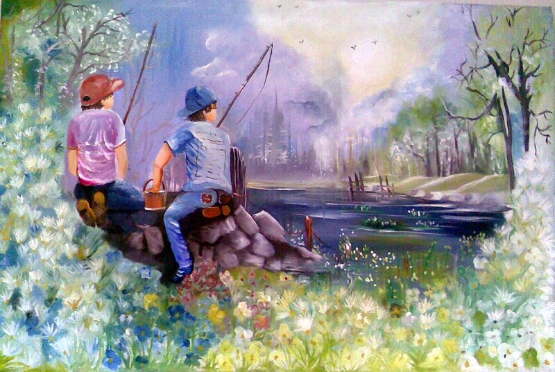 Two Boys Fishing — Green, Serene