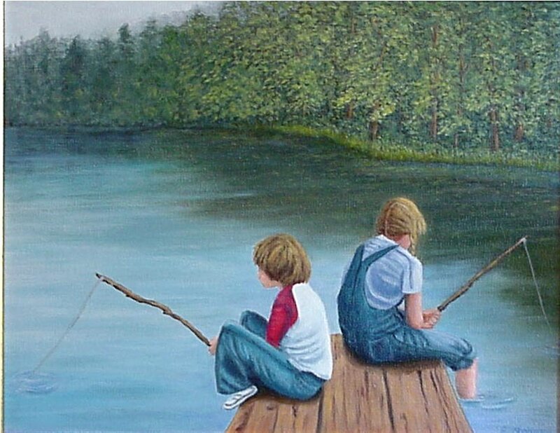Two boys fishing on a dock