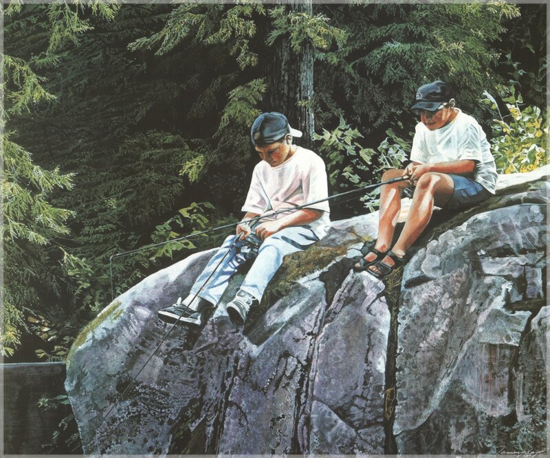 Two boys fishing on a rock