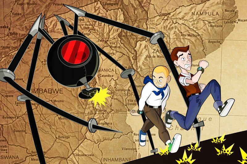 Two Boys Fleeing Robot