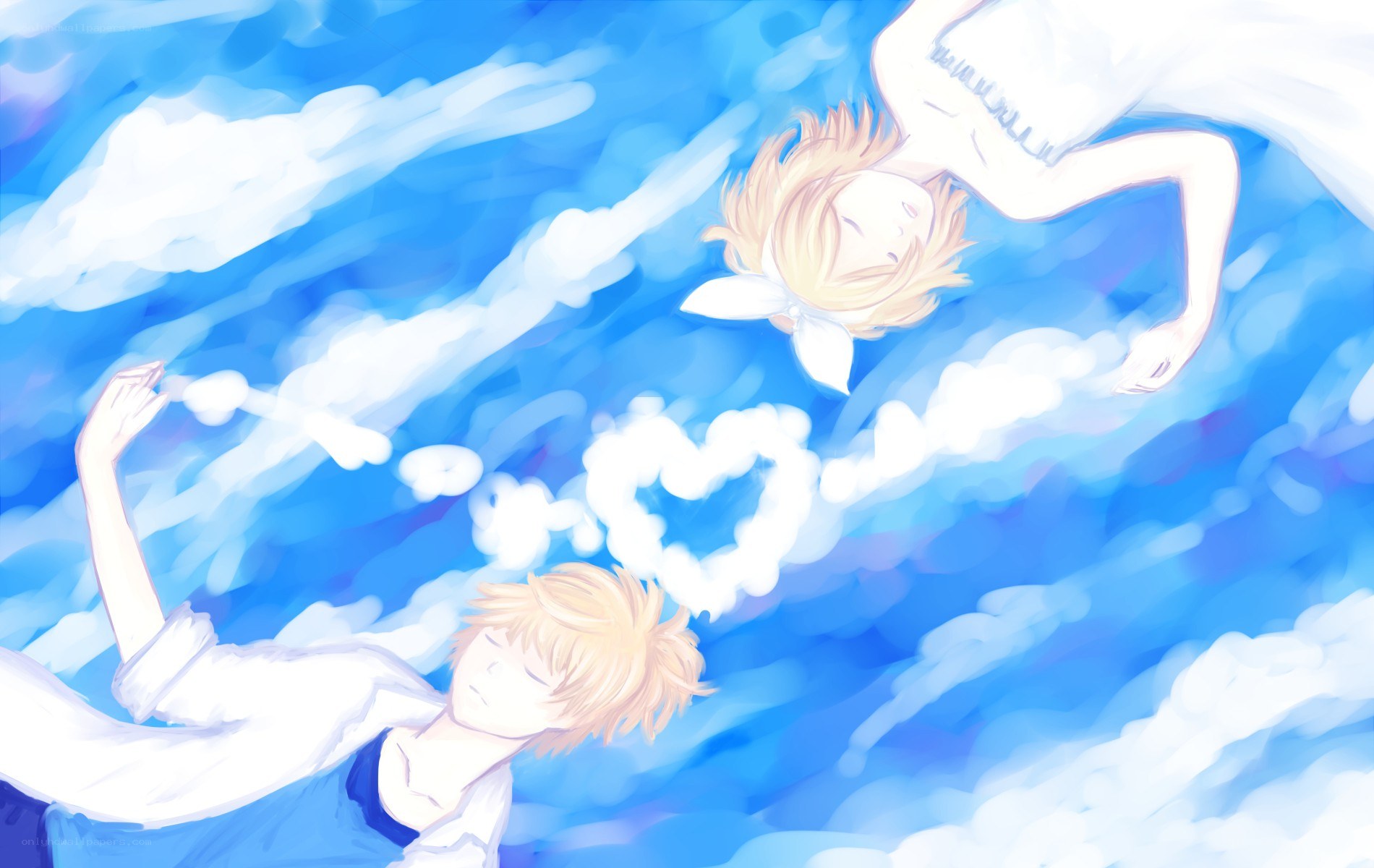 Two boys floating in the sky