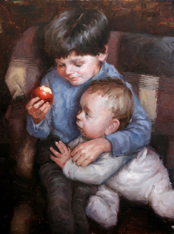 Two Boys Holding Apple