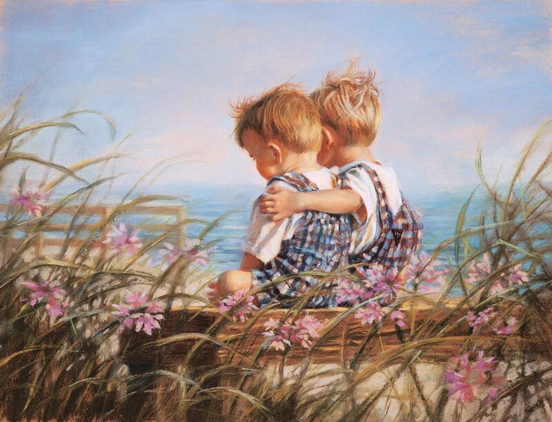 Two Boys Hugging — Blue, Serene