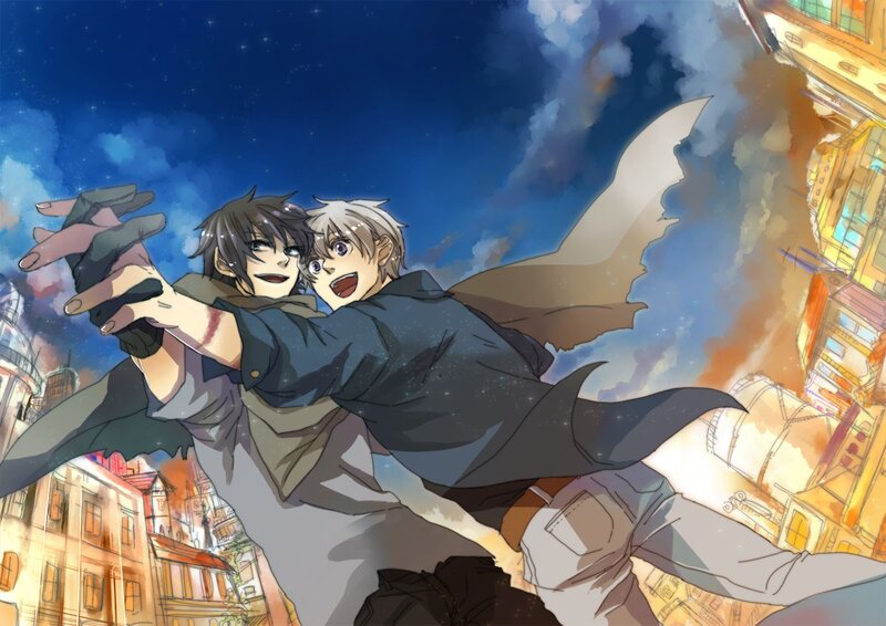 Two boys in a city explosion