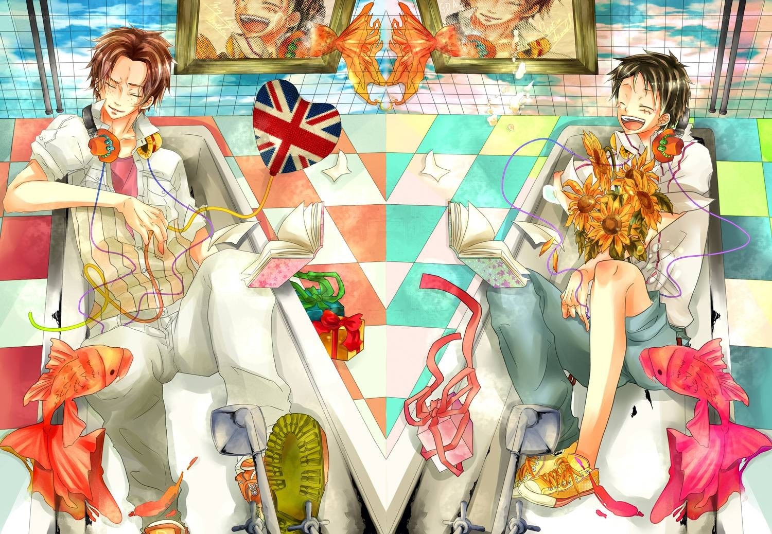 Two boys in a colorful room