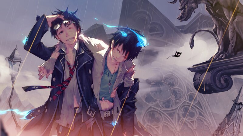 Two boys in a rainy city