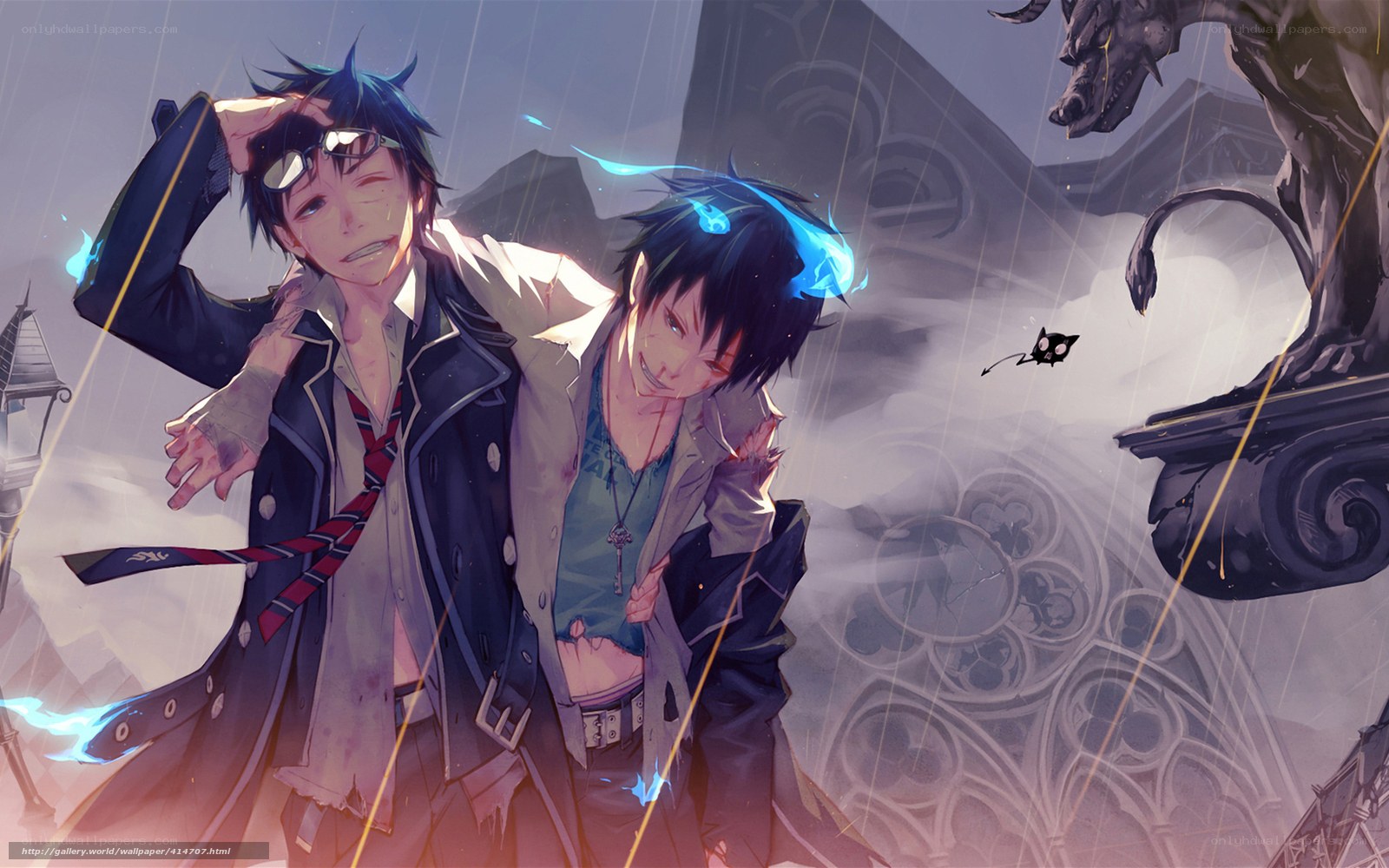 Two boys in a rainy city
