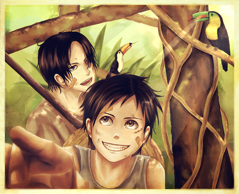Two boys in jungle with toucans
