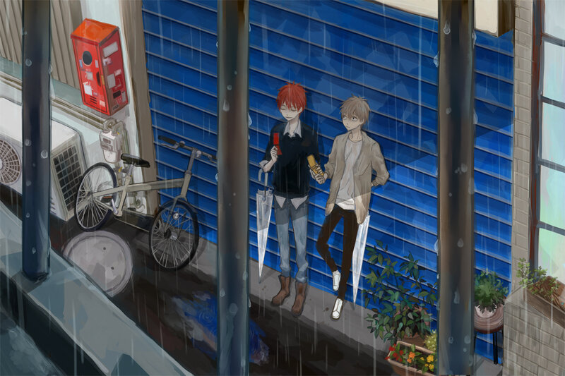 Two Boys in Rain — Blue, Rainy