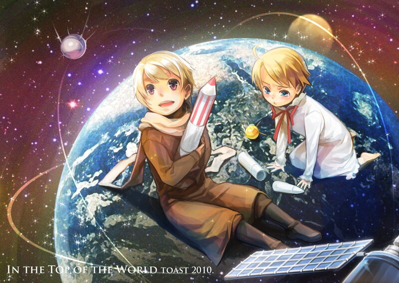 Two boys in space with Earth