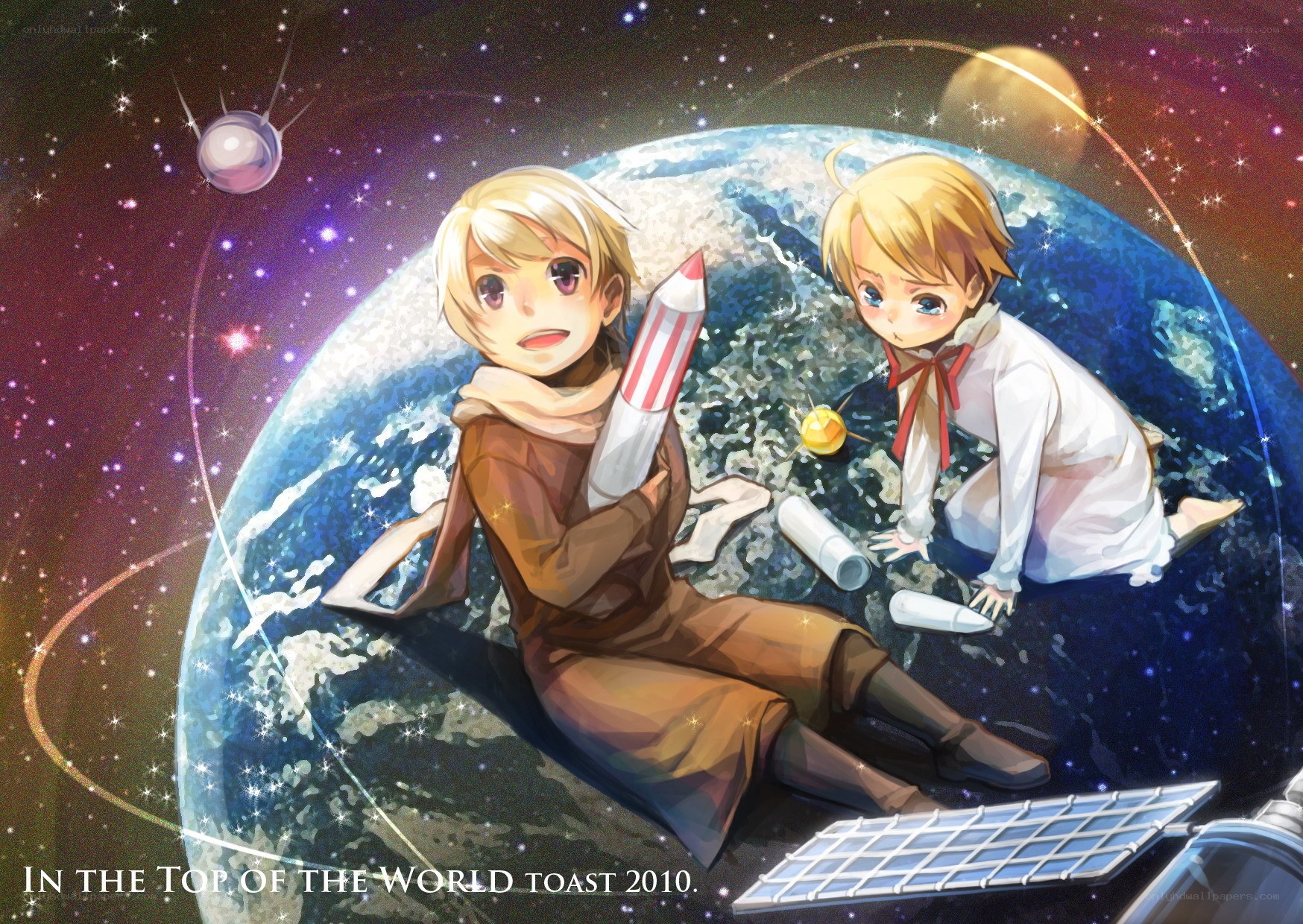 Two boys in space with Earth
