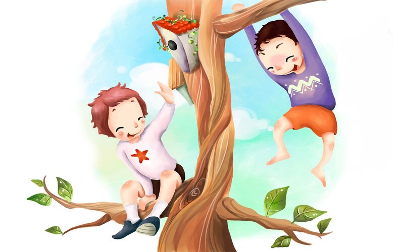 Two Boys in Tree — Brown, Playful