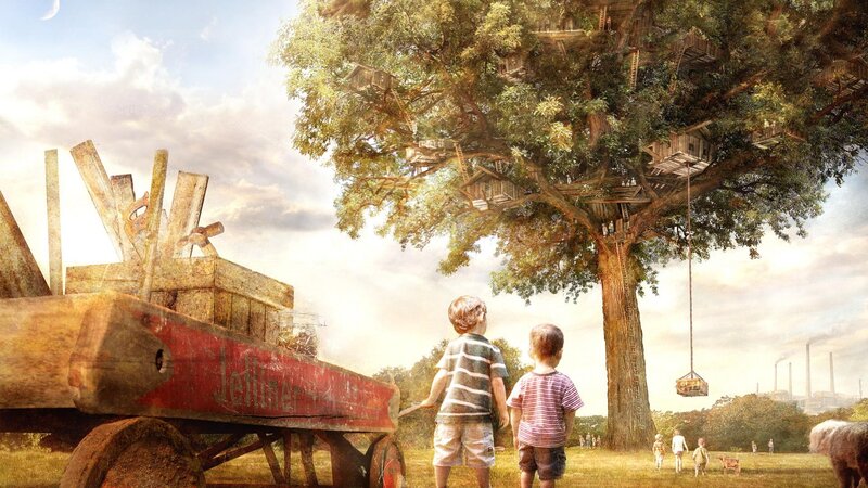 Two Boys Looking at Treehouse — Green, Serene