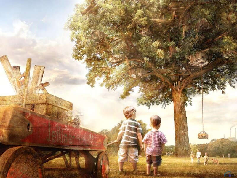 Two Boys Looking at Treehouse
