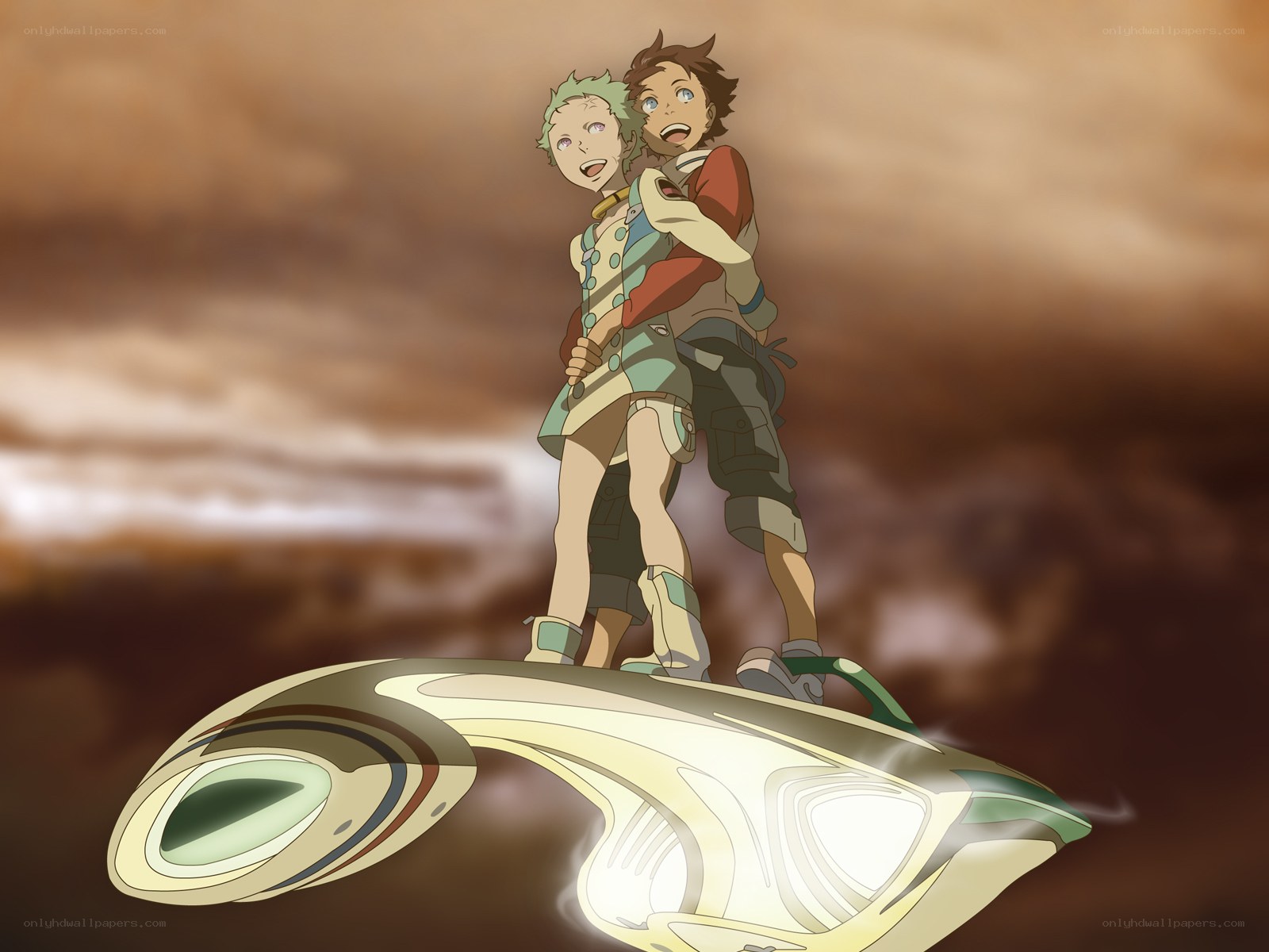 Two boys on a flying vehicle