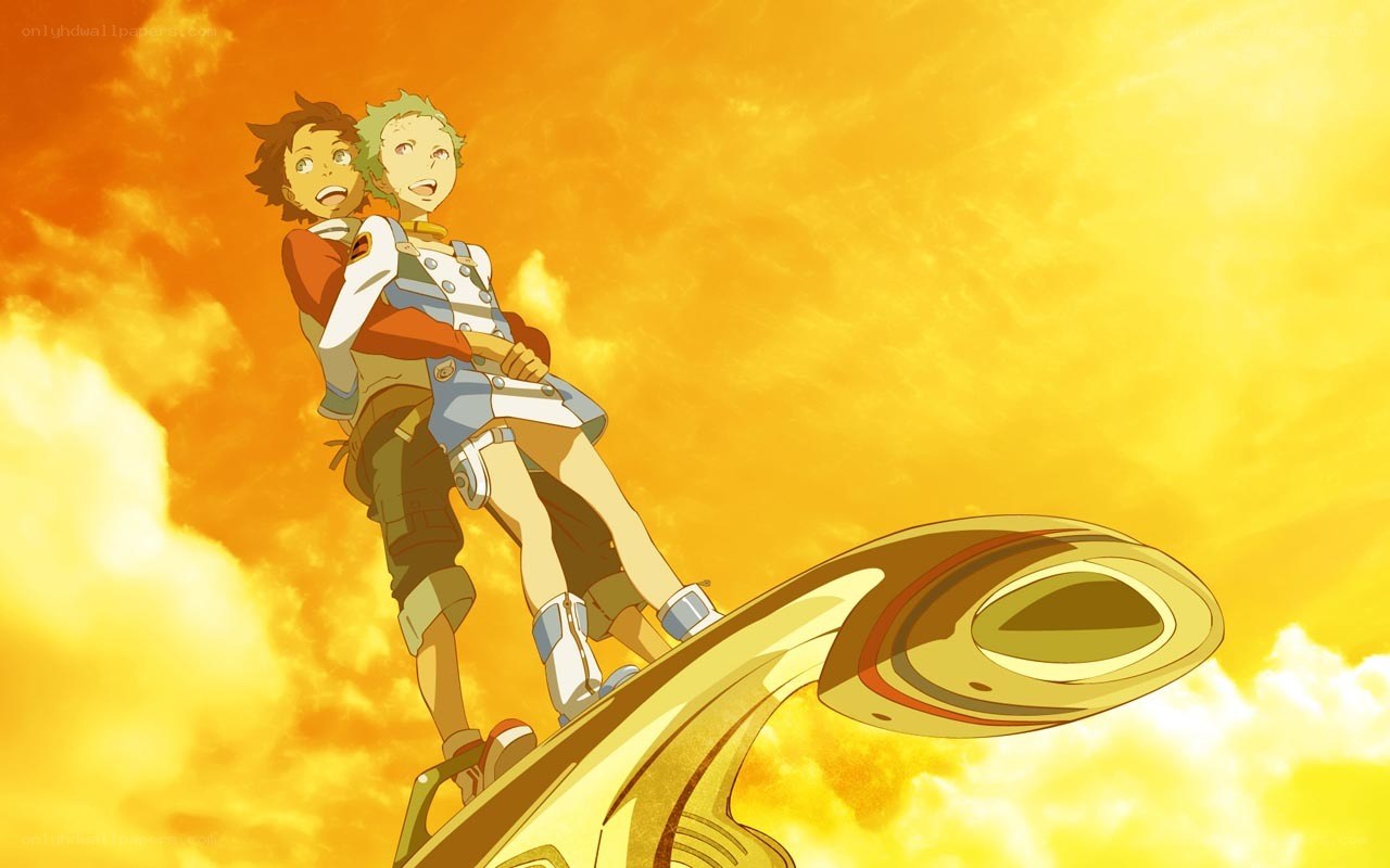 two boys on a flying vehicle