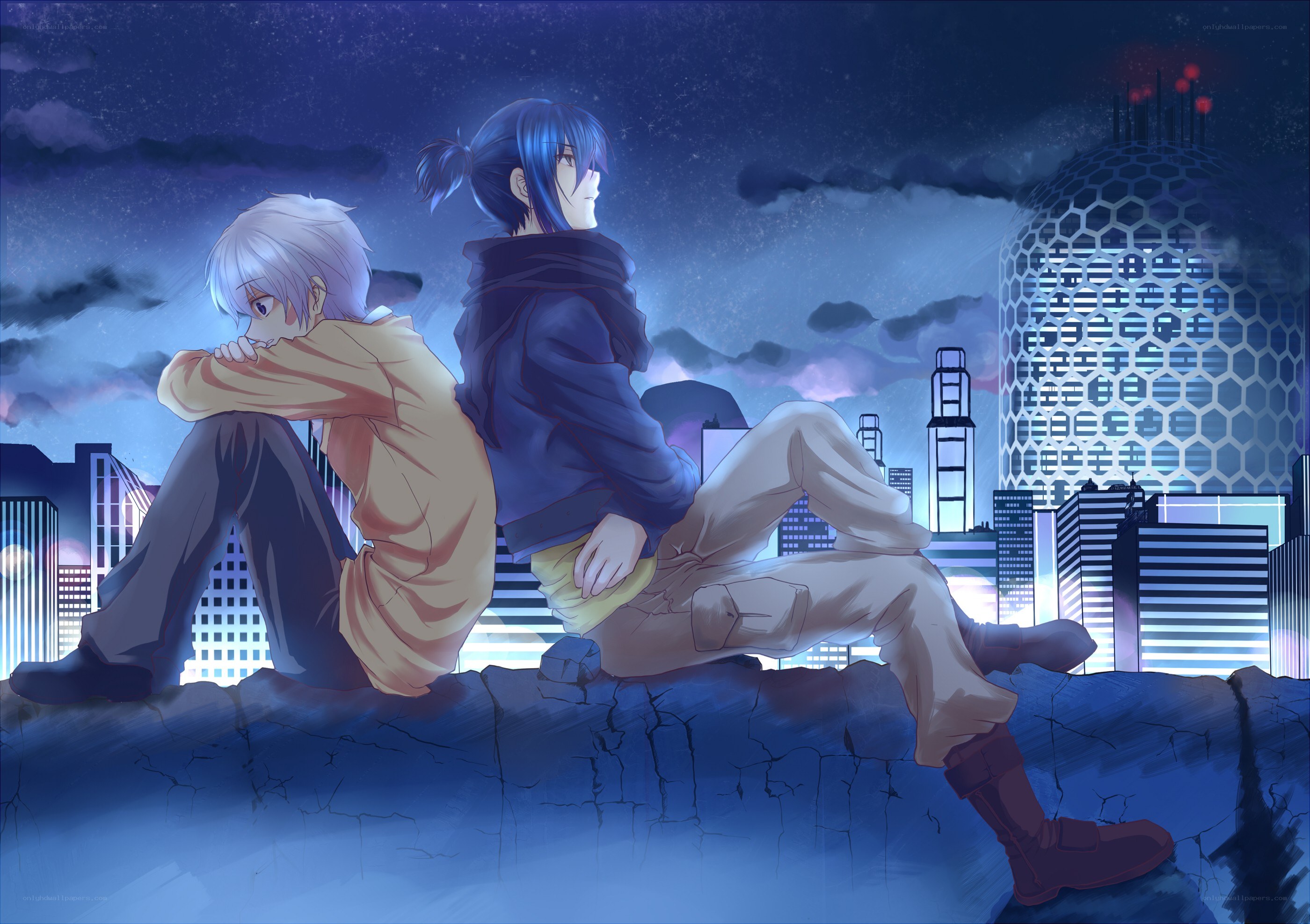 Two boys on a rooftop at night