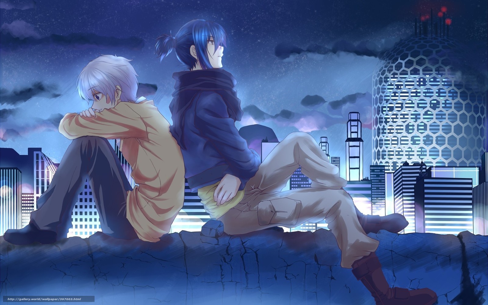 Two boys on a rooftop at night