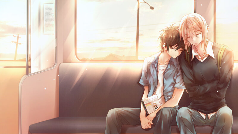 Two boys on a train at sunset