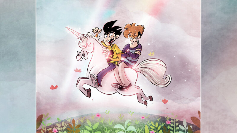 two boys on a unicorn