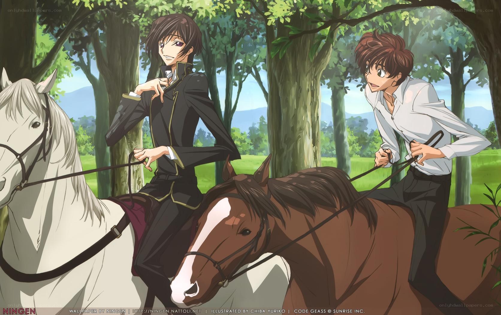 Two boys on horseback in a forest