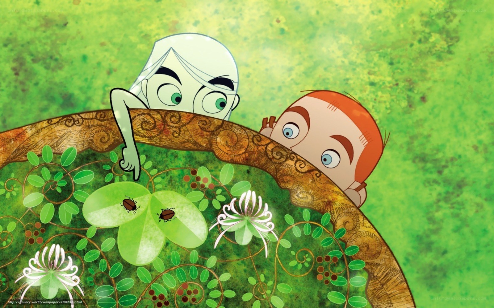 Two boys peeking over a branch