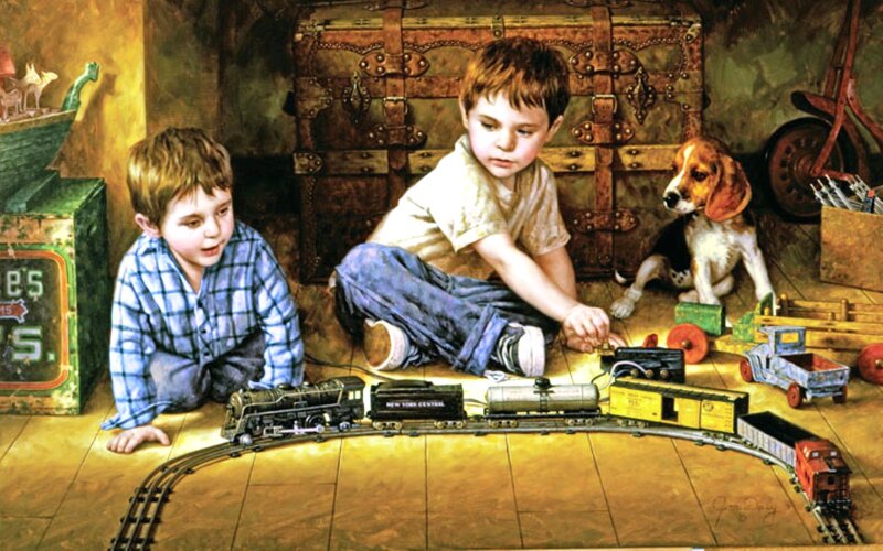 Two Boys Playing with Train