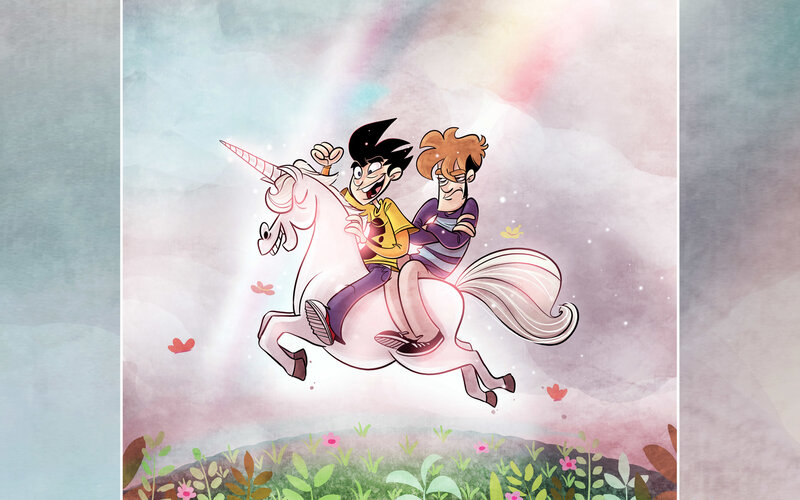 two boys riding a unicorn