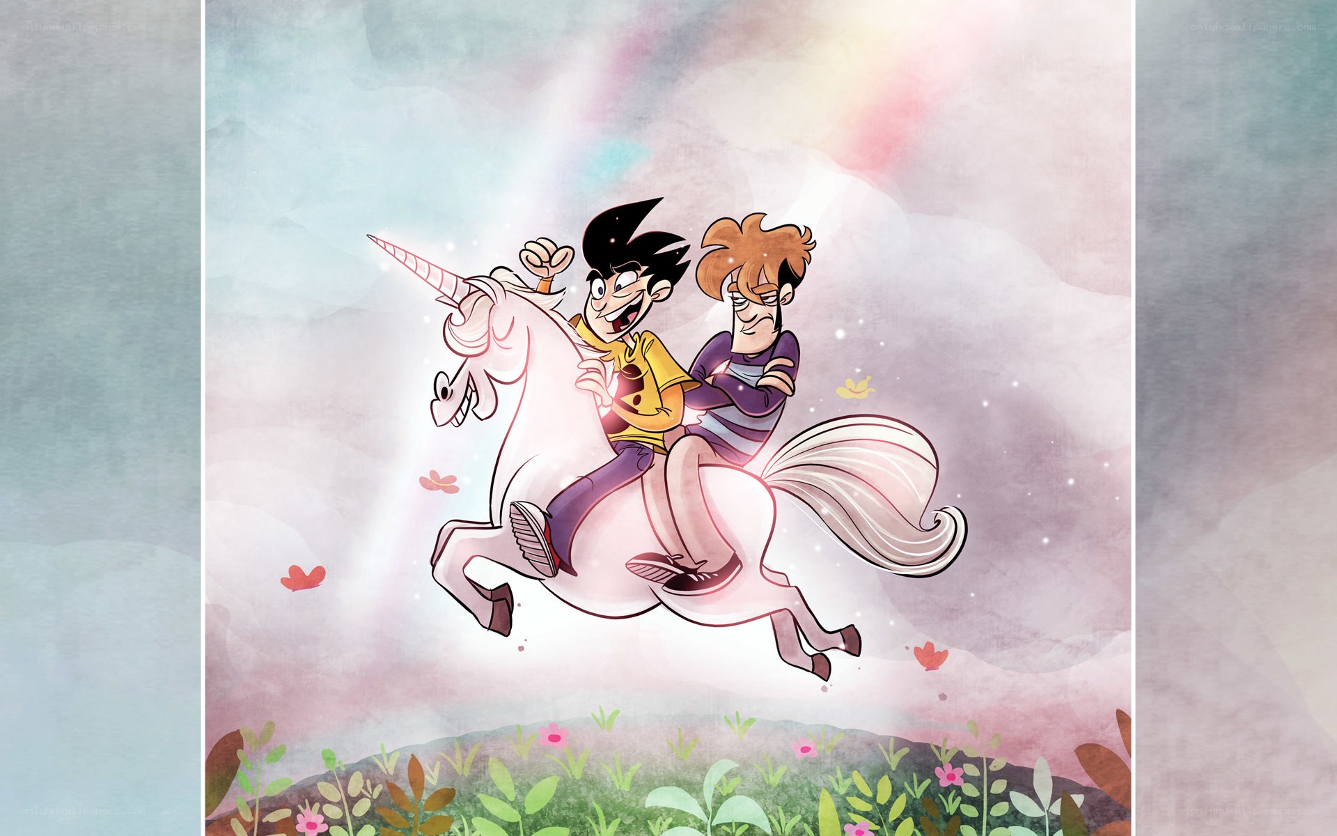 two boys riding a unicorn