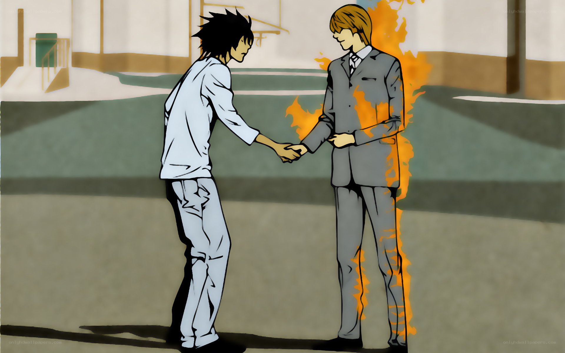 Two boys shaking hands with fire