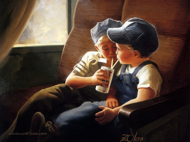Two boys sharing a drink on a train
