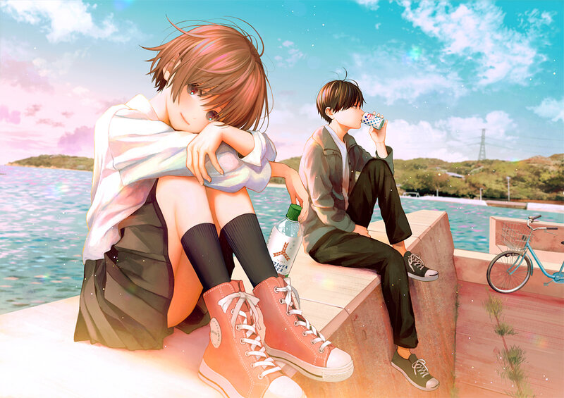 Two Boys Sitting by Water — Blue