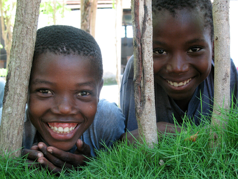Two boys smiling in grass