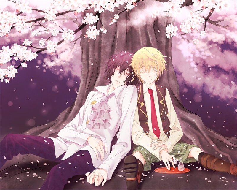 Two Boys under Cherry Blossoms — Purple, Serene, Spring