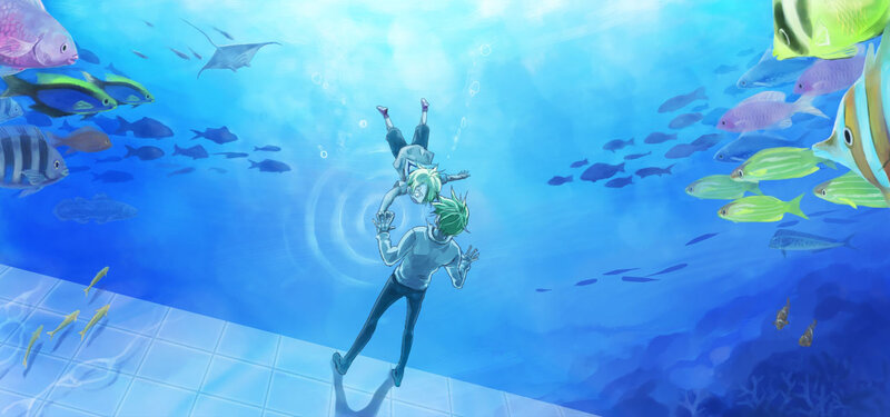 Two boys underwater with fish