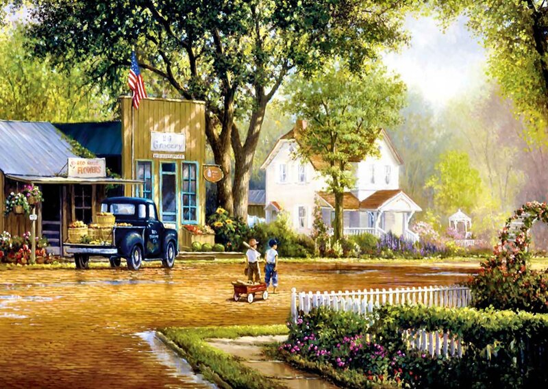 Two Boys with Wagon — Green