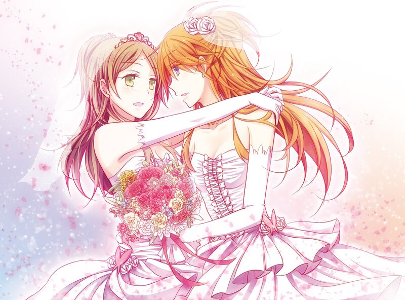 Two brides embracing