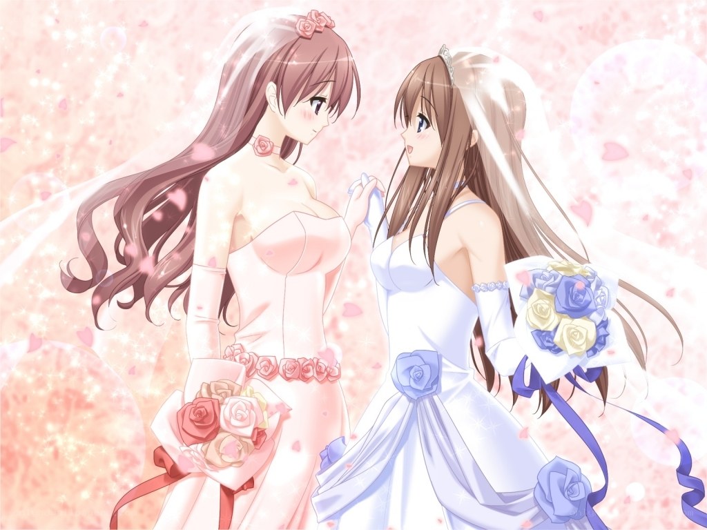 Two brides in wedding dresses