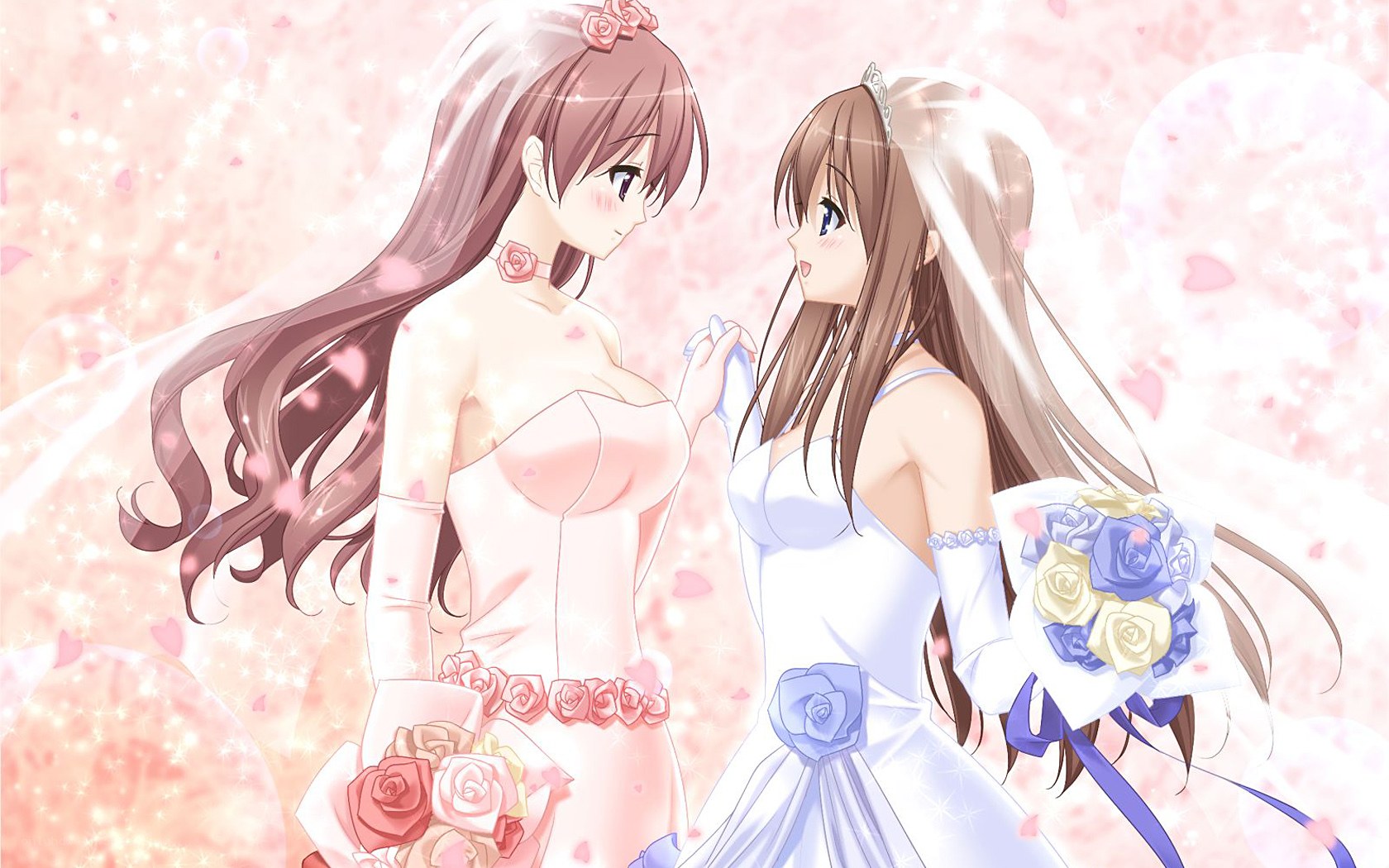 Two brides in wedding dresses